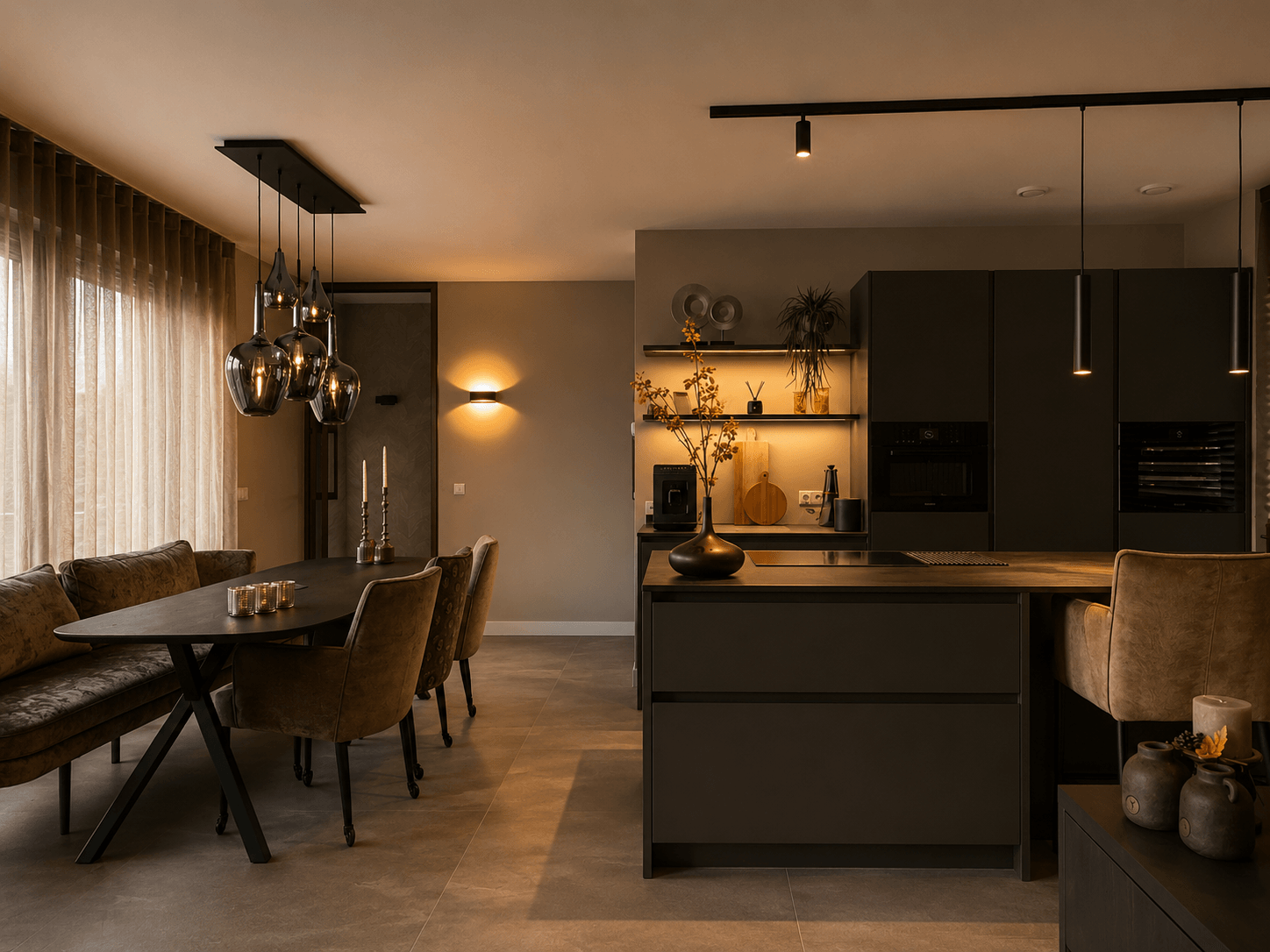 Maatwerk donkere designkeuken met een Ferro kook- en spoeleiland en een Dekton-werkblad in Radium, geleverd door Wildhagen