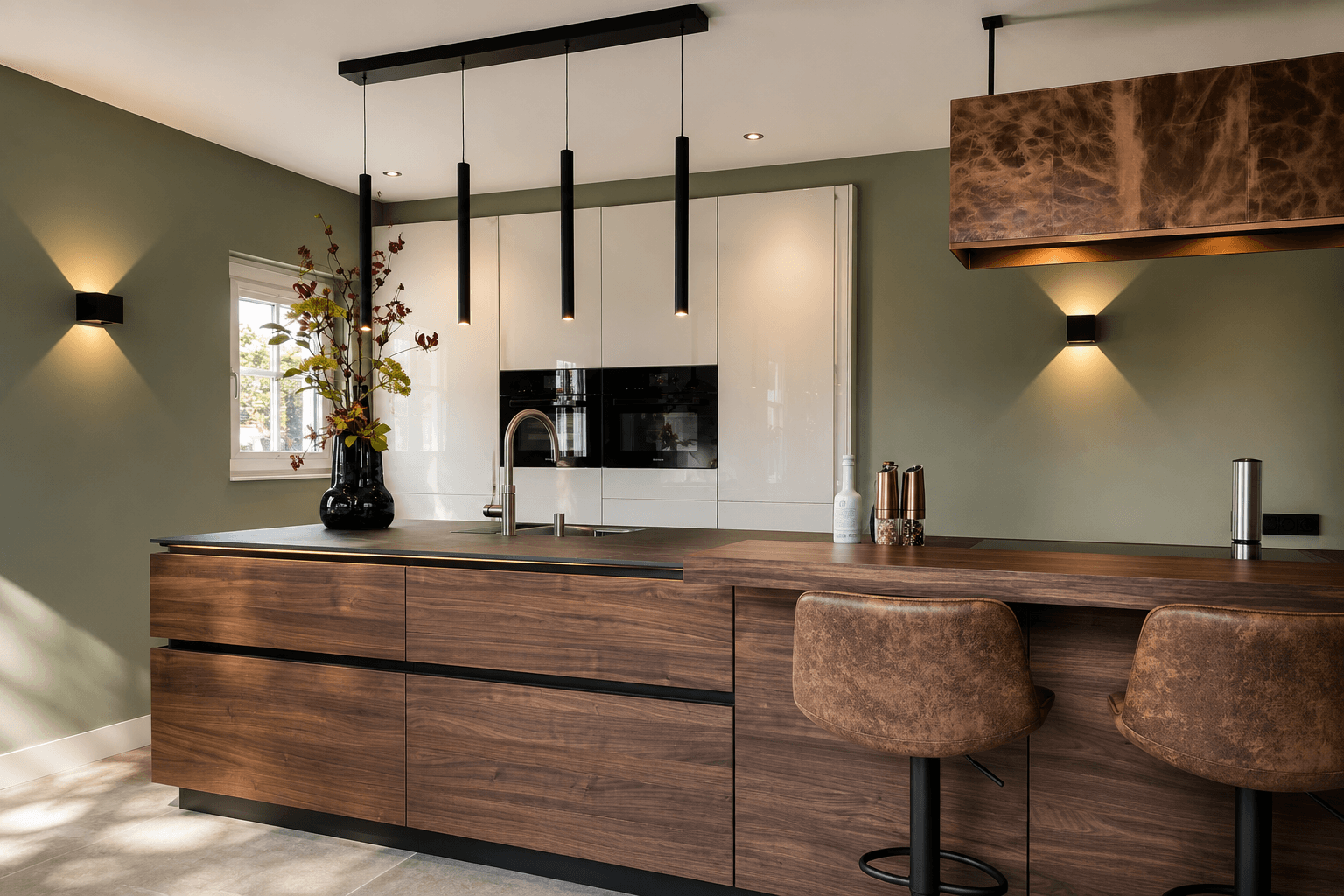 Maatwerk designkeuken met hoogglans witte kasten en een walnoten eiland met koperen afzuigkap, geleverd door Wildhagen