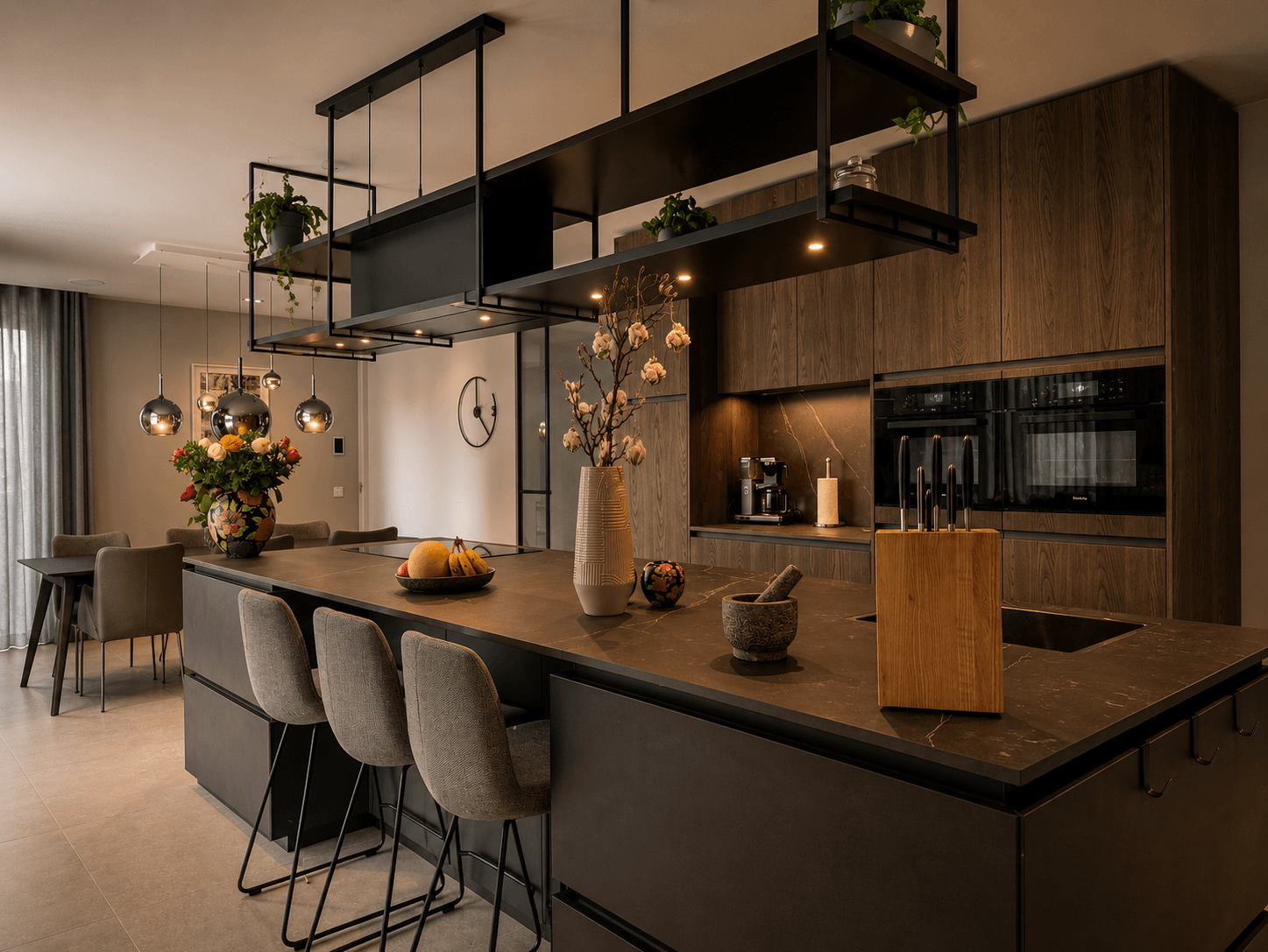 Maatwerk designkeuken met een betonnen kookeiland en een warme iepenhouten kastenwand, geleverd door Wildhagen